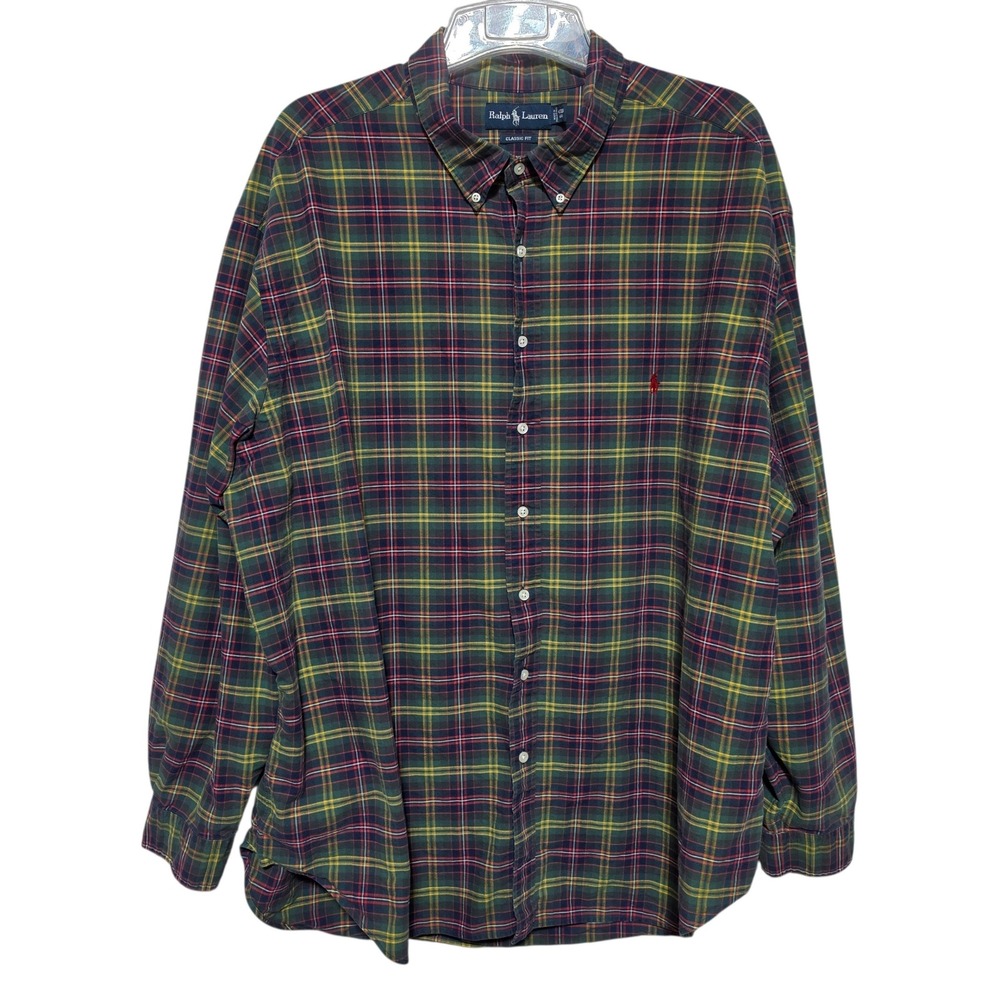 Ralph Lauren Mens 4XB Big Classic Fit Plaid Button Down Shirt Green Navy Cotton